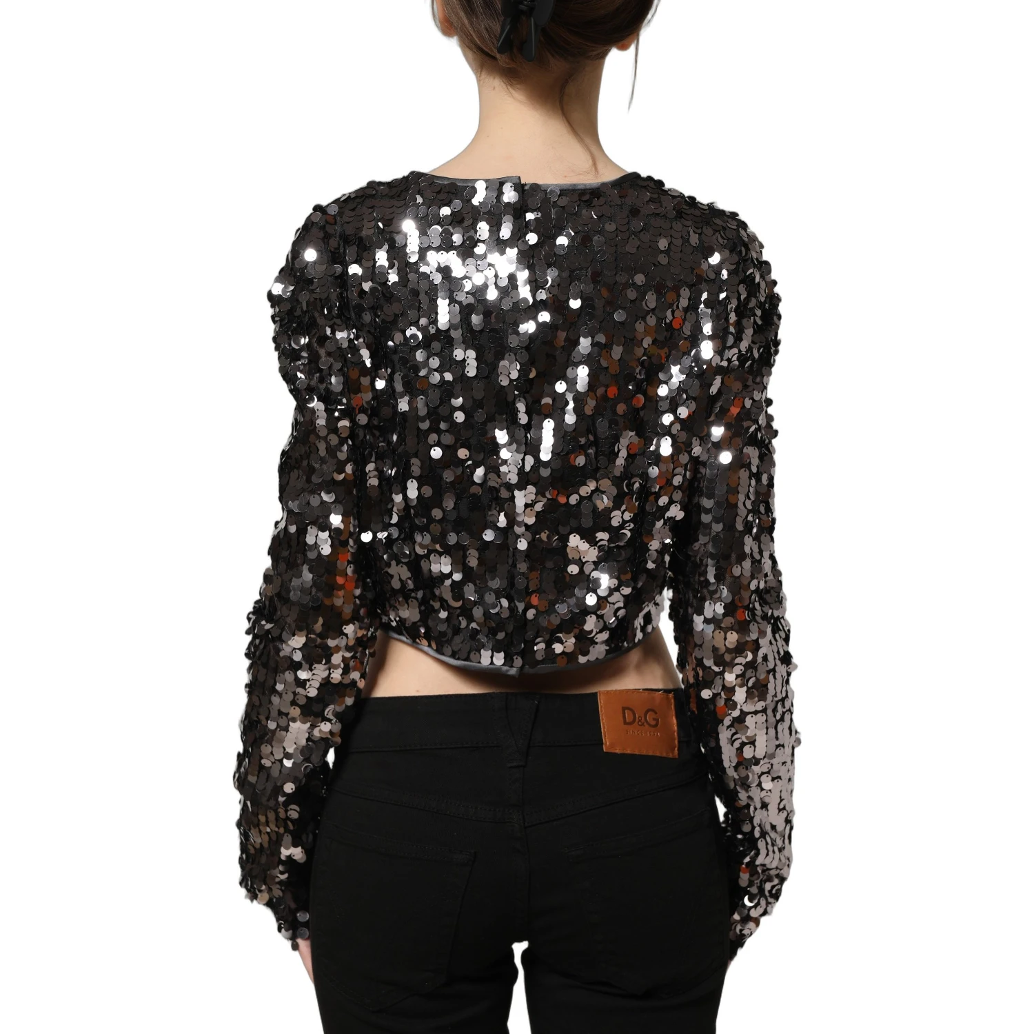 Black Sequined Long Sleeves Crop Blouse Top