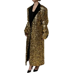 Gold Floral Jacquard Wool Trench Coat Jacket