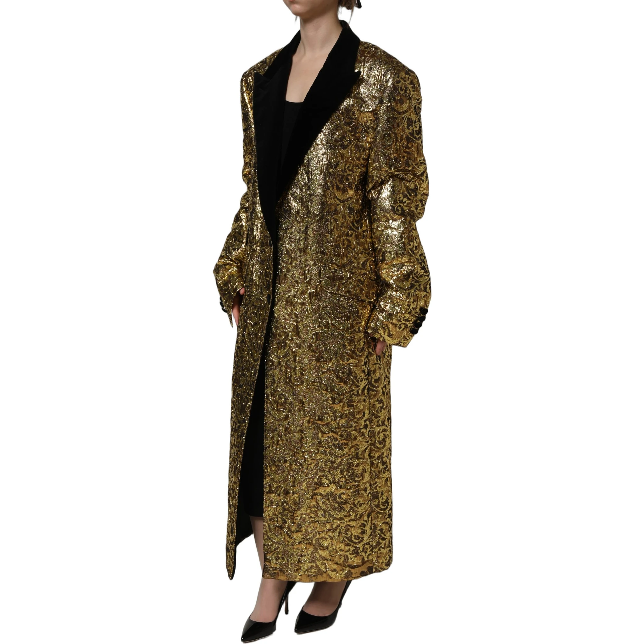 Gold Floral Jacquard Wool Trench Coat Jacket