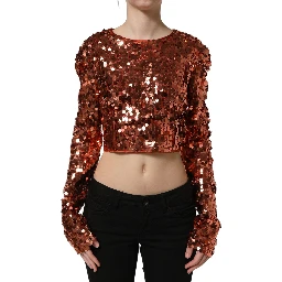 Red Sequined Long Sleeves Crop Blouse Top
