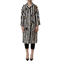Black White Striped Embellished Coat Jacket
