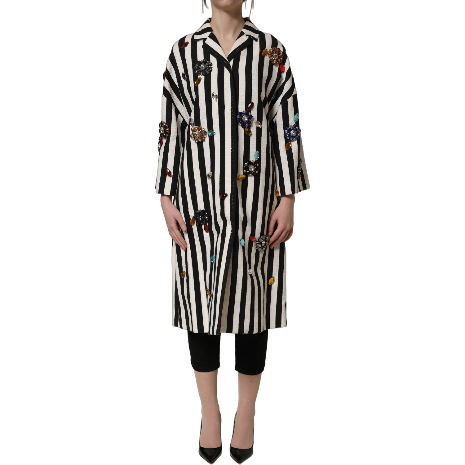 Black White Striped Embellished Coat Jacket