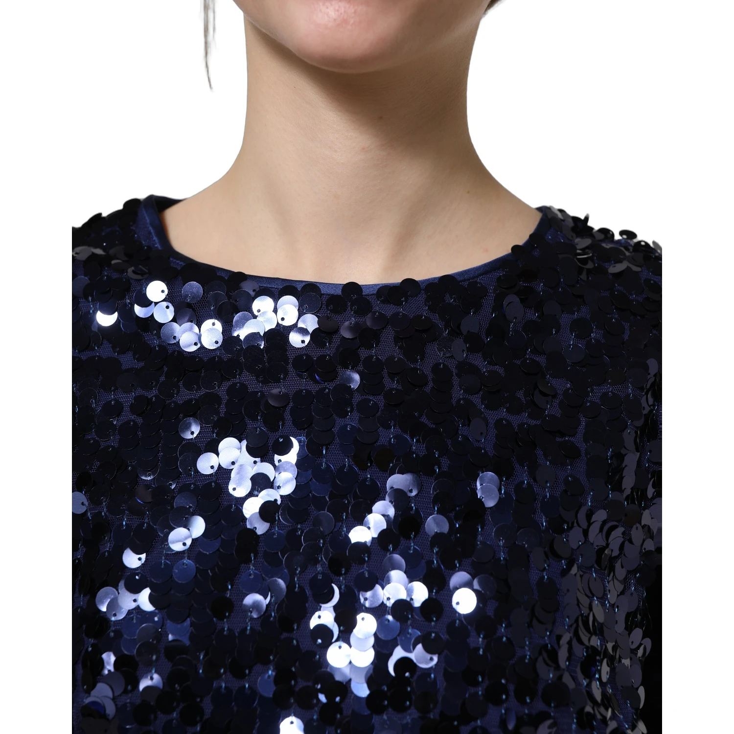 Blue Sequined Long Sleeves Crop Blouse Top