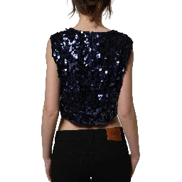 Blue Sequined Sleeveless Cropped Tank Top