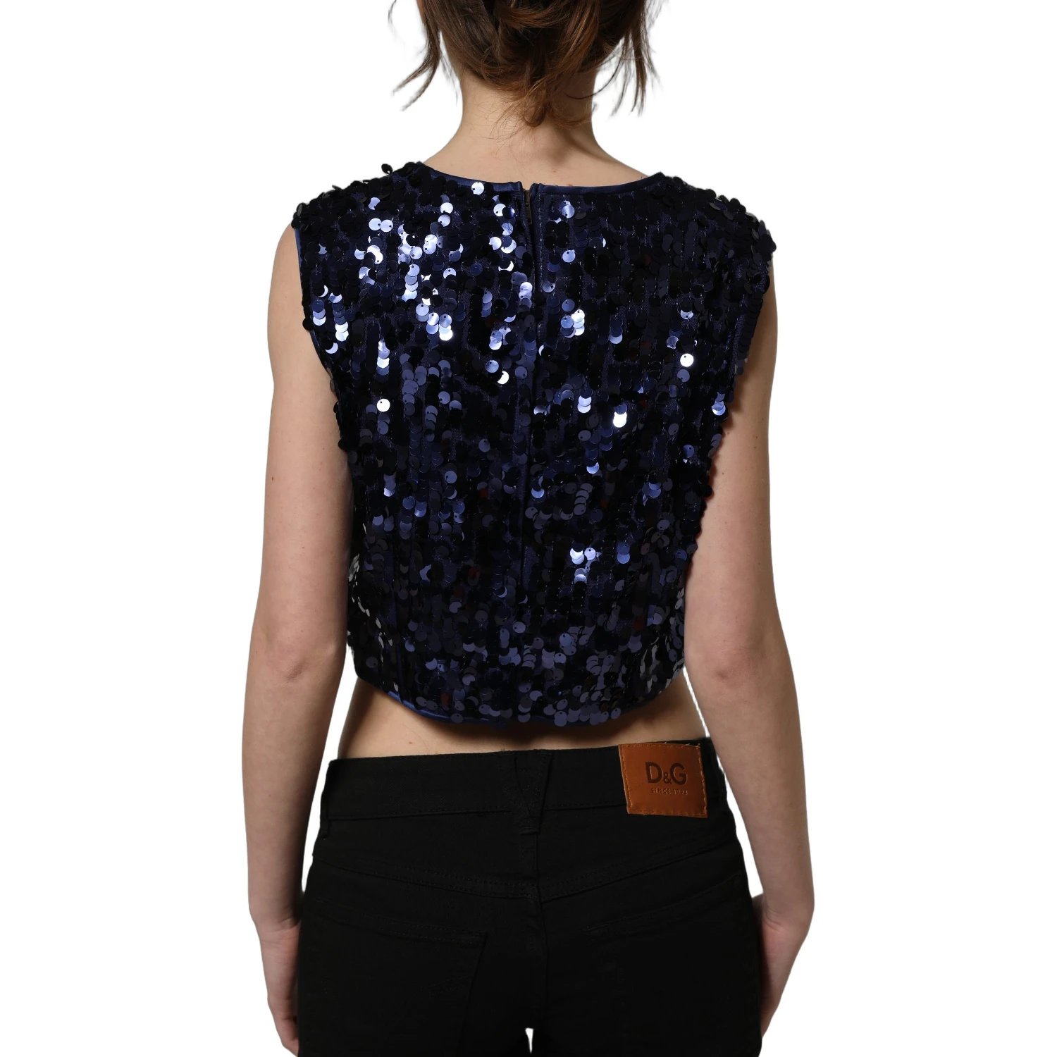 Blue Sequined Sleeveless Cropped Tank Top