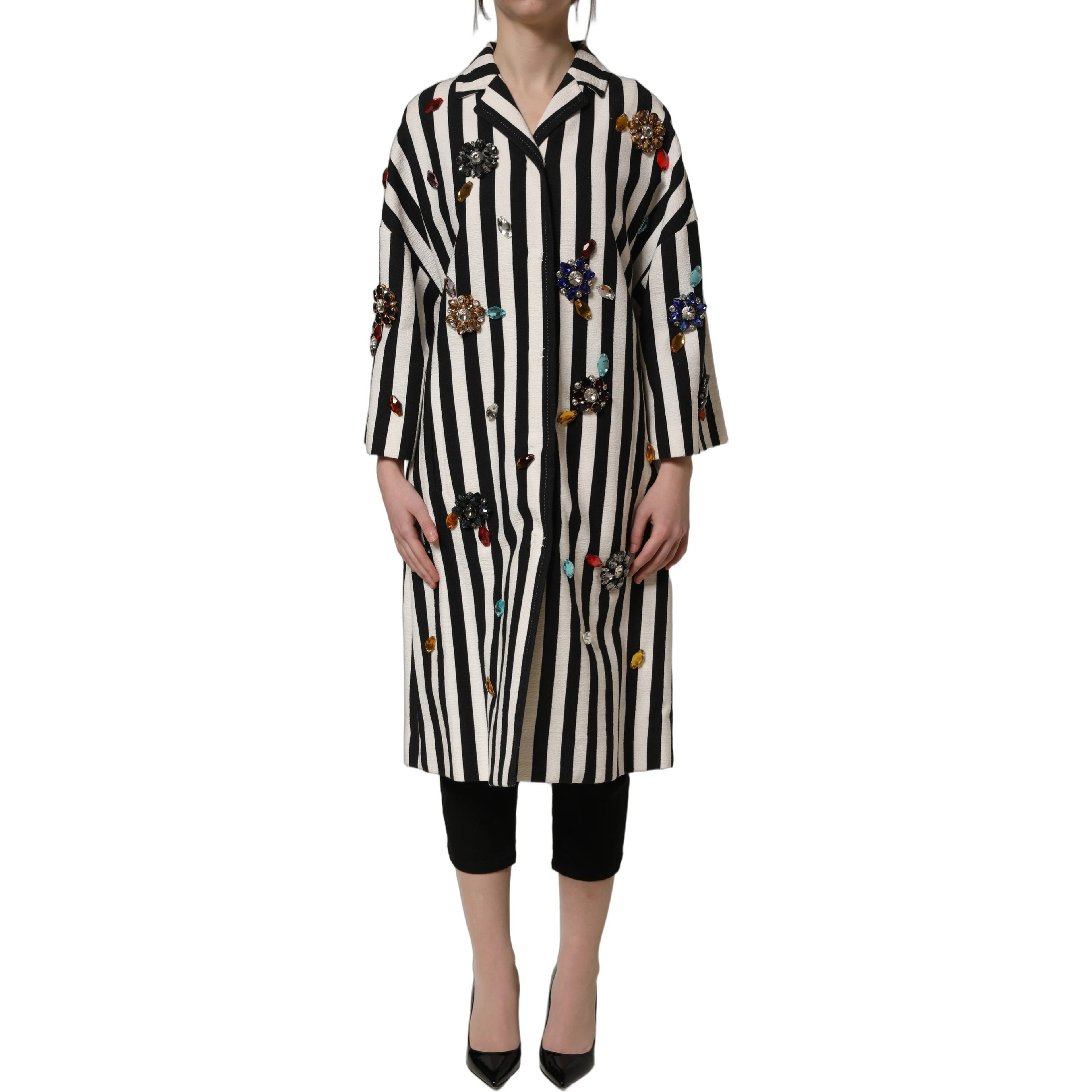 Black White Striped Embellished Coat Jacket
