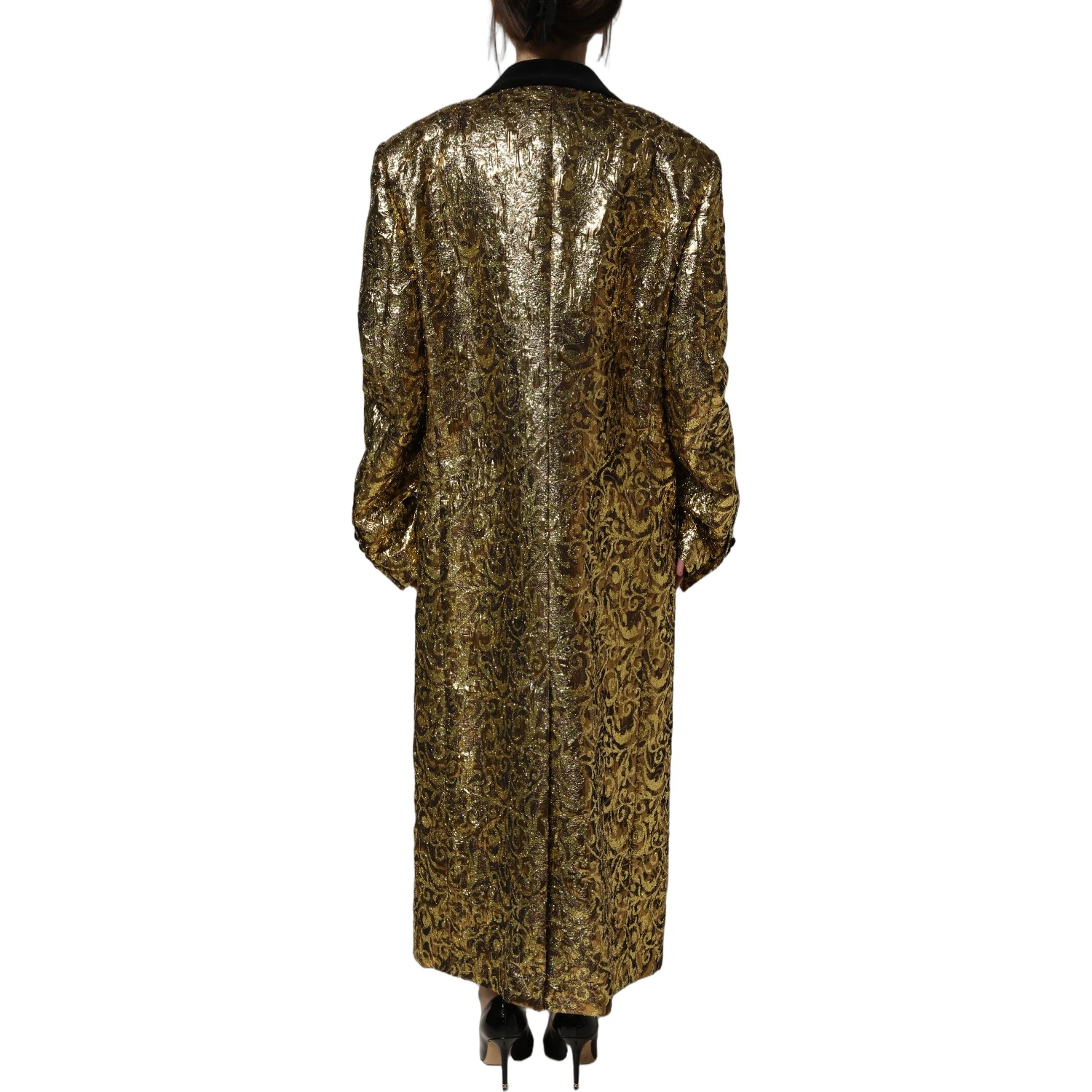 Gold Floral Jacquard Wool Trench Coat Jacket