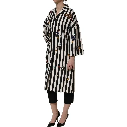 Black White Striped Embellished Coat Jacket