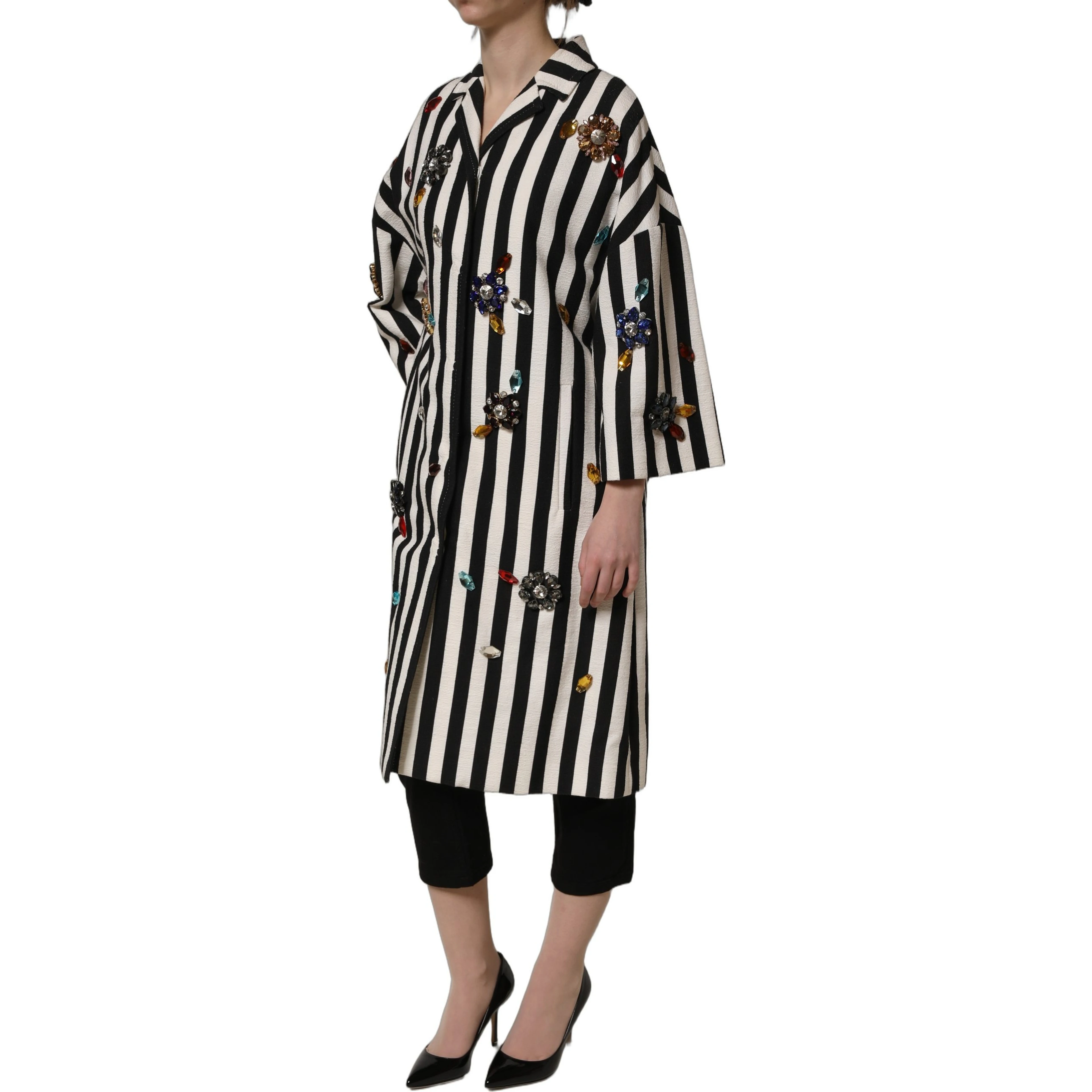 Black White Striped Embellished Coat Jacket