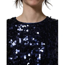 Blue Sequined Sleeveless Cropped Tank Top