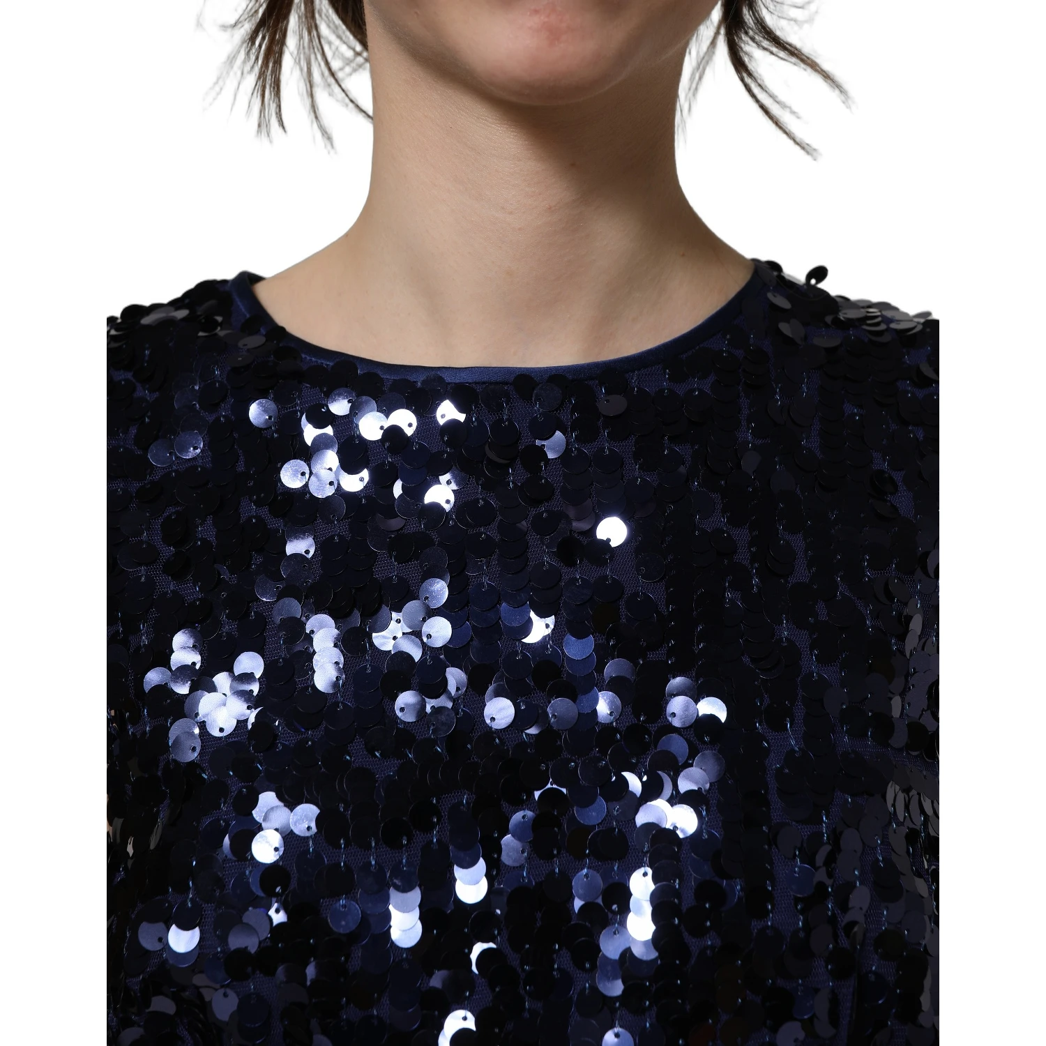 Blue Sequined Sleeveless Cropped Tank Top