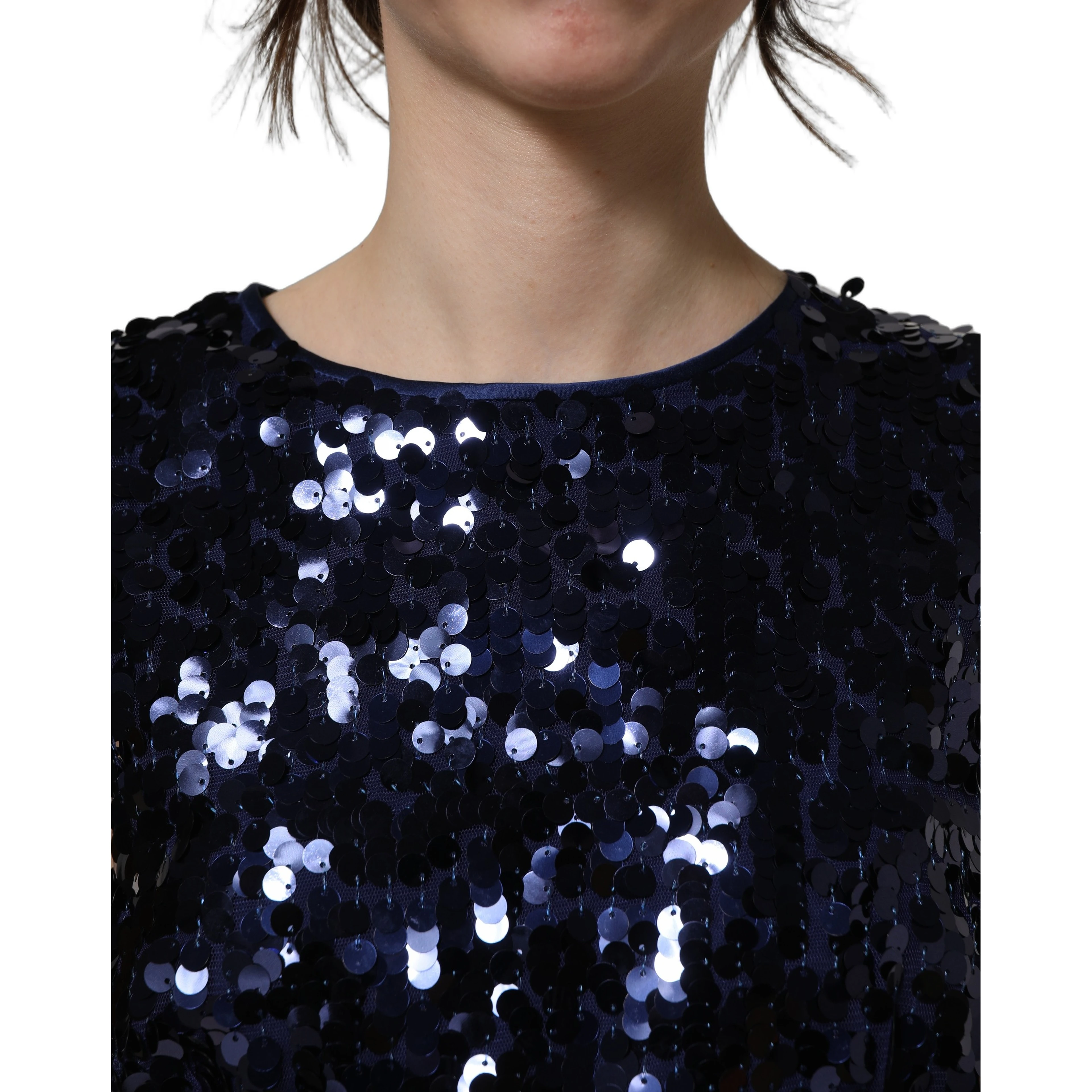 Blue Sequined Sleeveless Cropped Tank Top