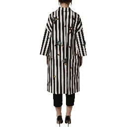 Black White Striped Embellished Coat Jacket
