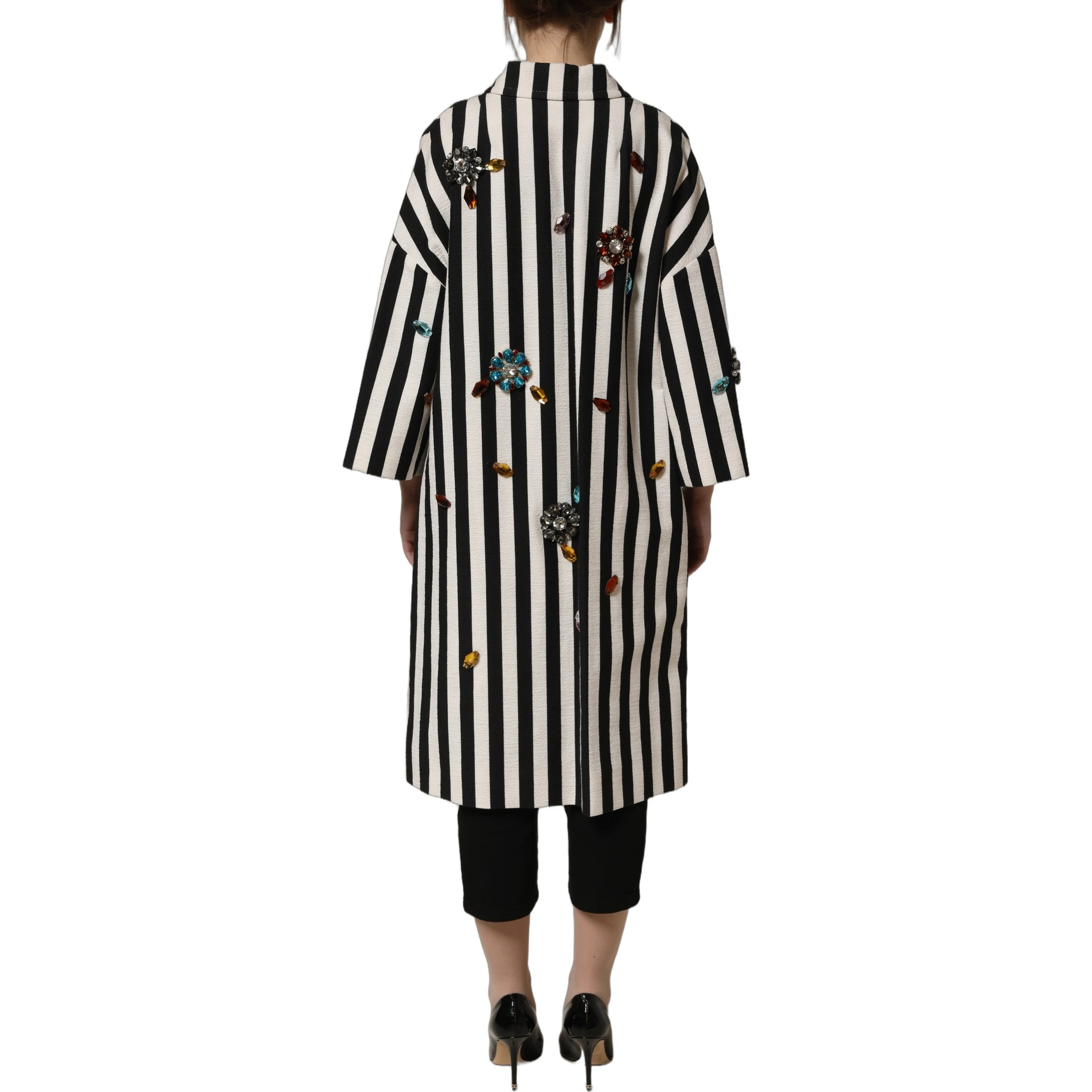 Black White Striped Embellished Coat Jacket