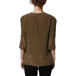 Brown Keys Roses Printed Silk Blouse Top