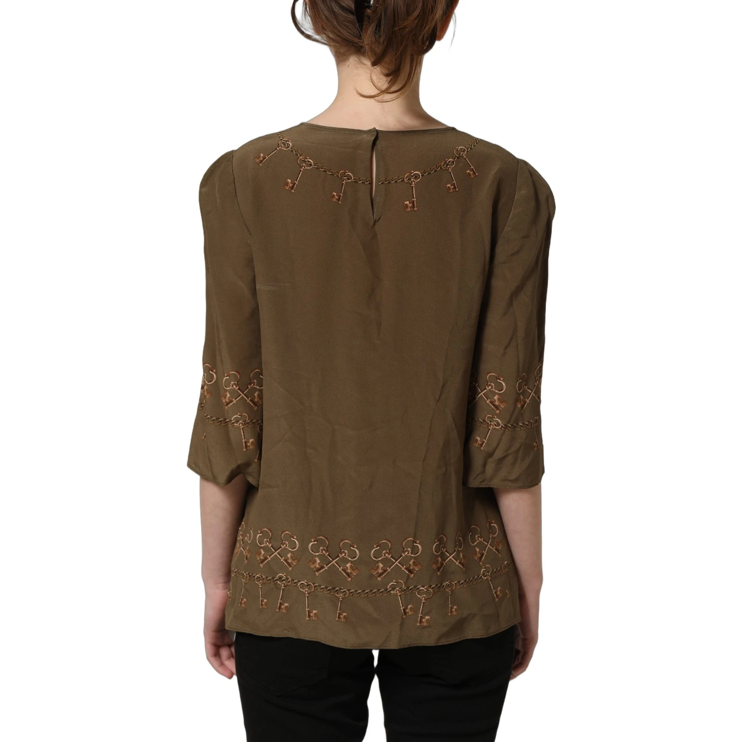 Brown Keys Roses Printed Silk Blouse Top