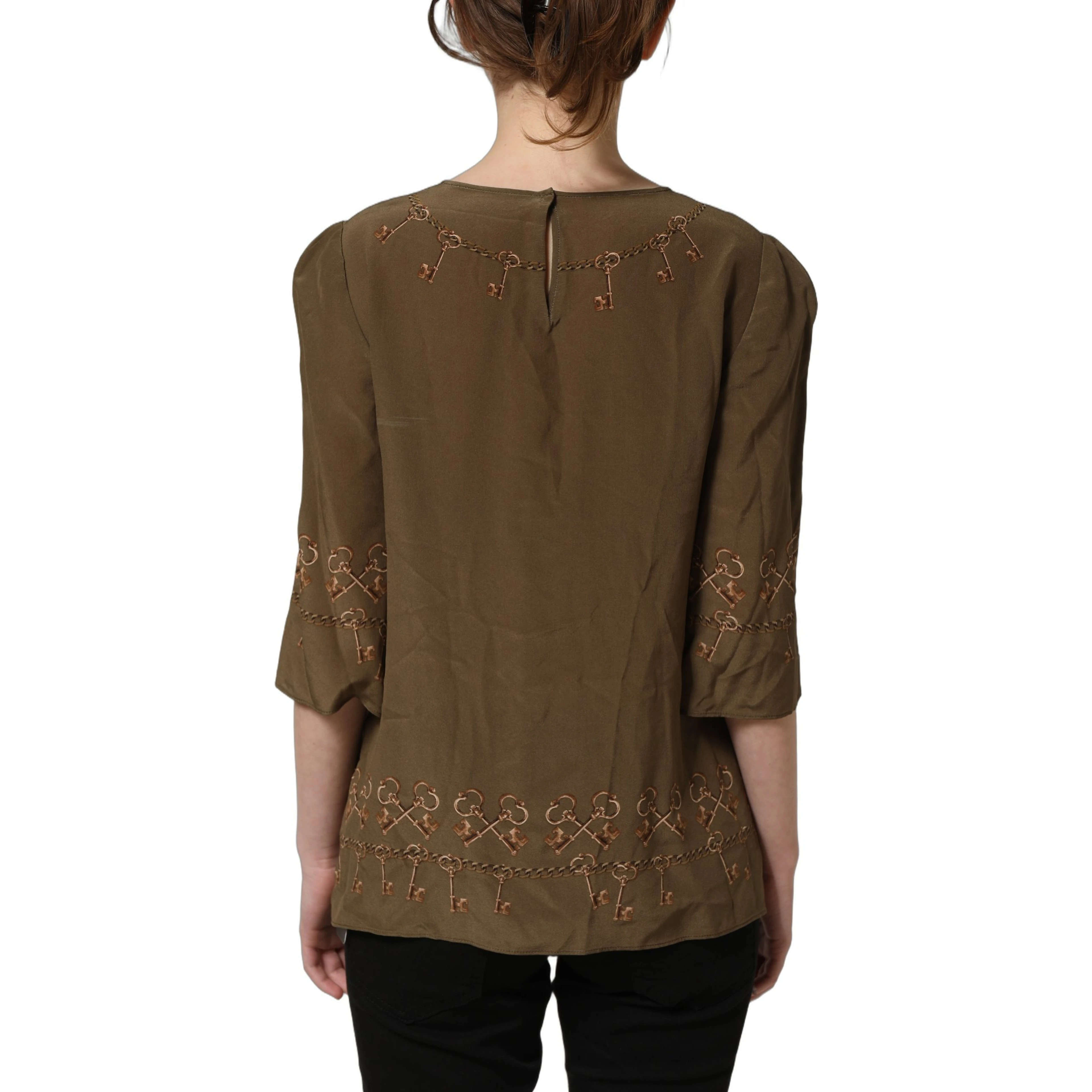 Brown Keys Roses Printed Silk Blouse Top