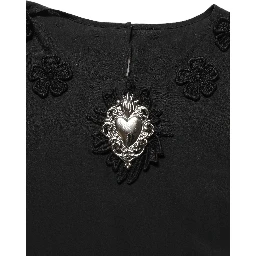 Black Floral Silk Heart Appliqué Blouse Top