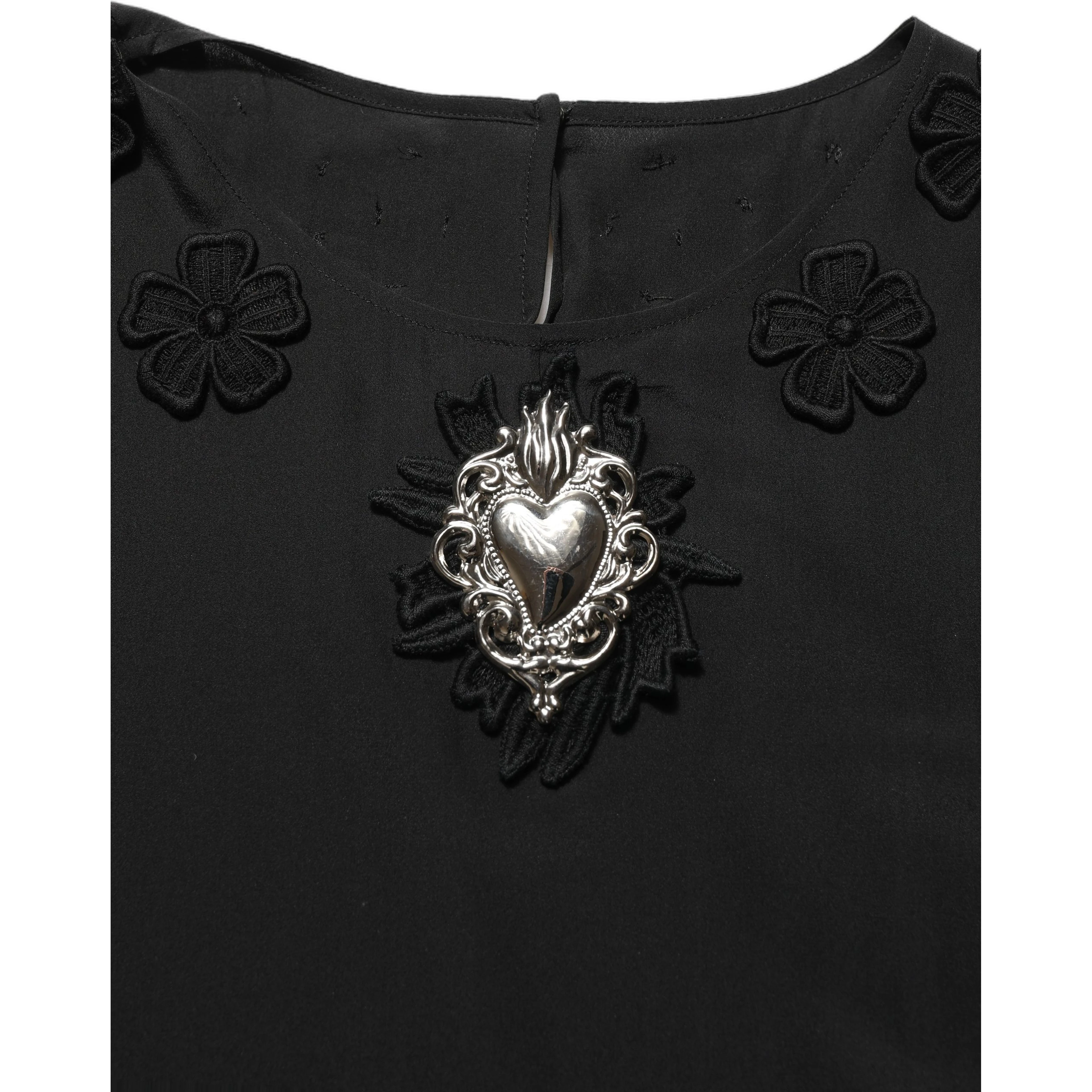 Black Floral Silk Heart Appliqué Blouse Top