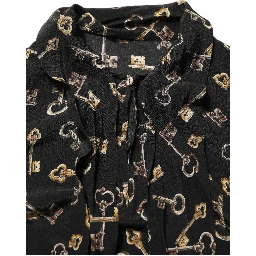 Black Keys Print Silk Tie Neck Blouse Top