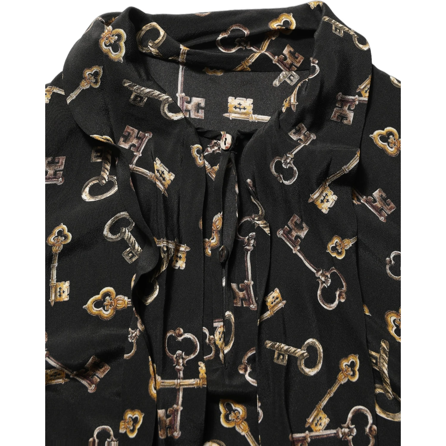 Black Keys Print Silk Tie Neck Blouse Top
