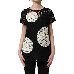 Black White Floral Lace Short Sleeve Blouse Top