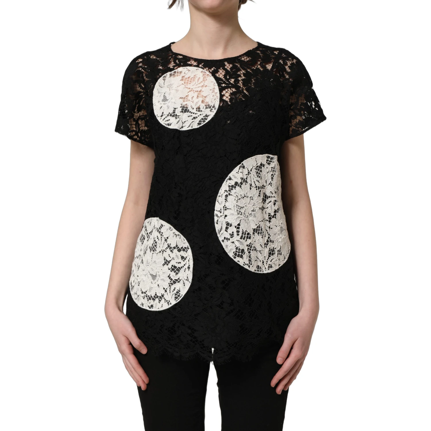 Black White Floral Lace Short Sleeve Blouse Top