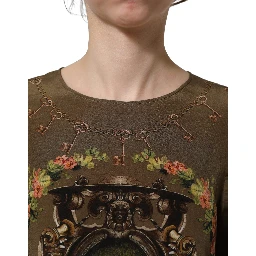 Brown Keys Roses Printed Silk Blouse Top