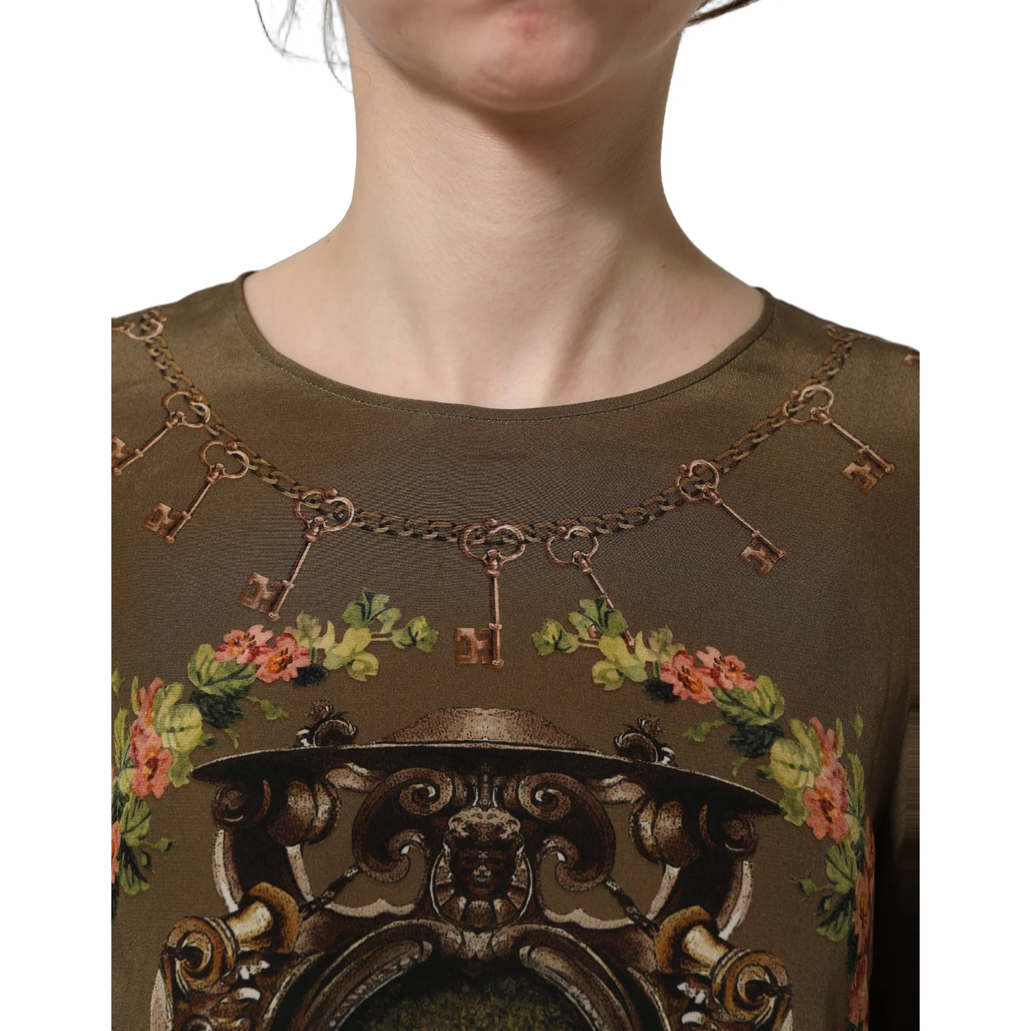 Brown Keys Roses Printed Silk Blouse Top