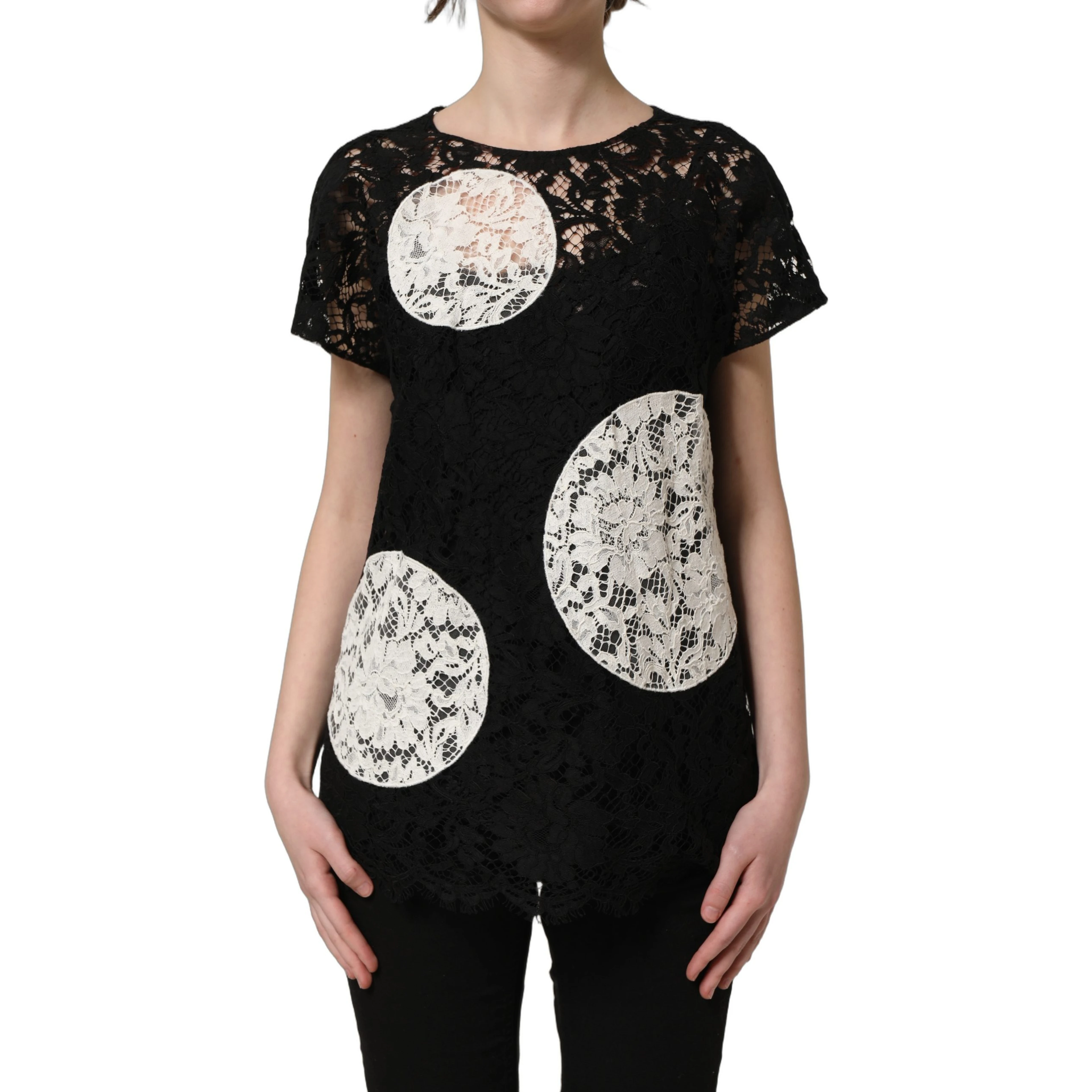 Black White Floral Lace Short Sleeve Blouse Top