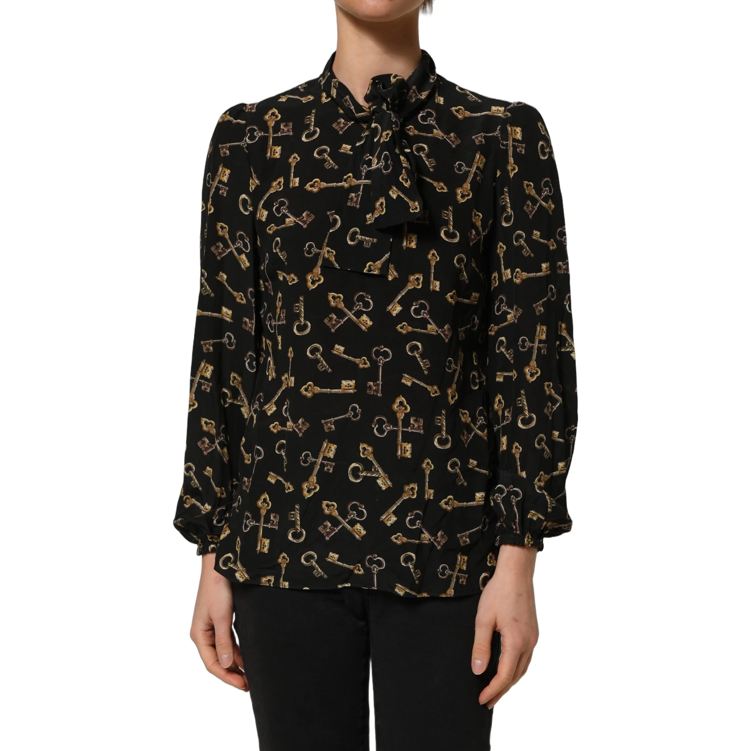 Black Keys Print Silk Tie Neck Blouse Top