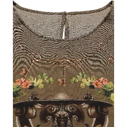 Brown Keys Roses Printed Silk Blouse Top