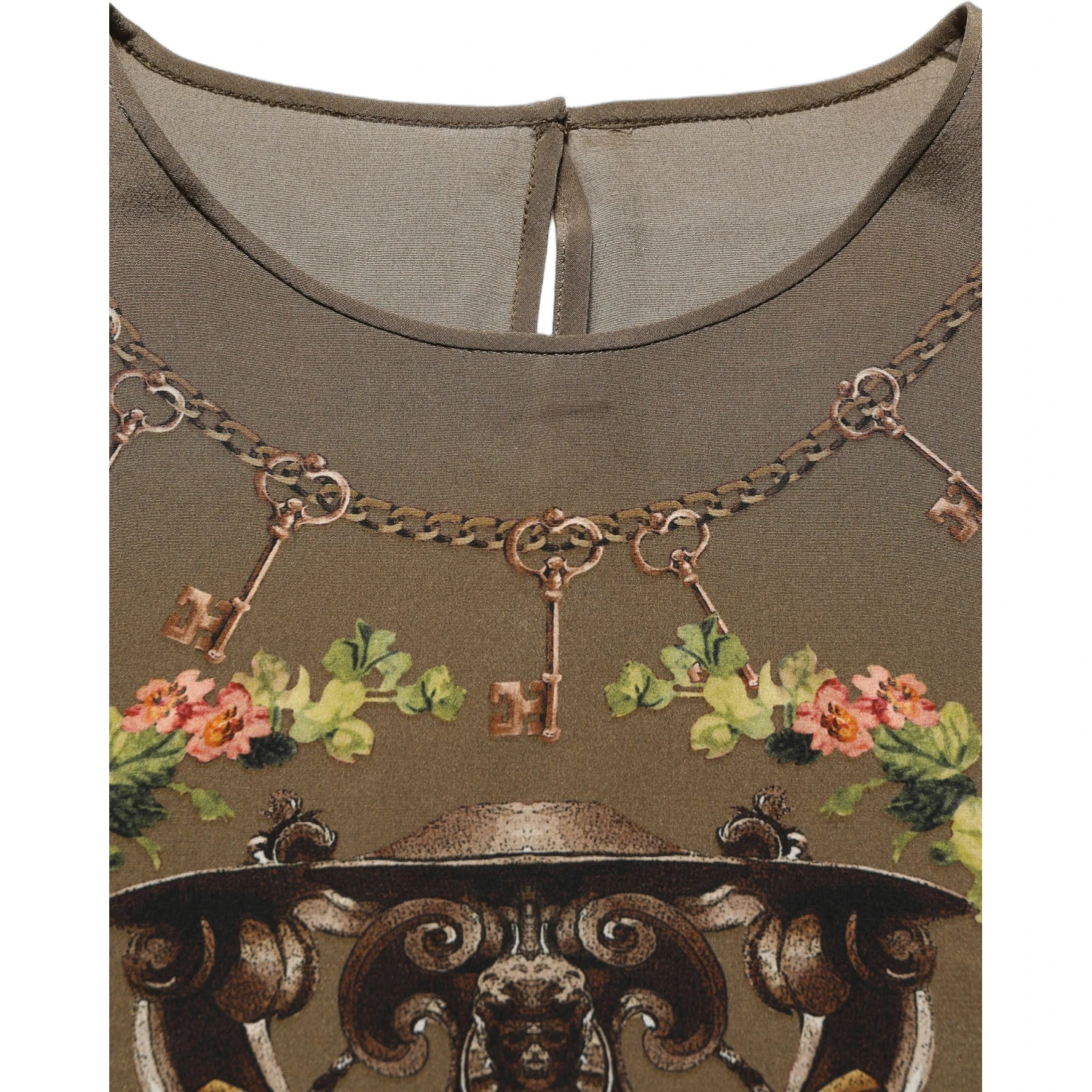 Brown Keys Roses Printed Silk Blouse Top