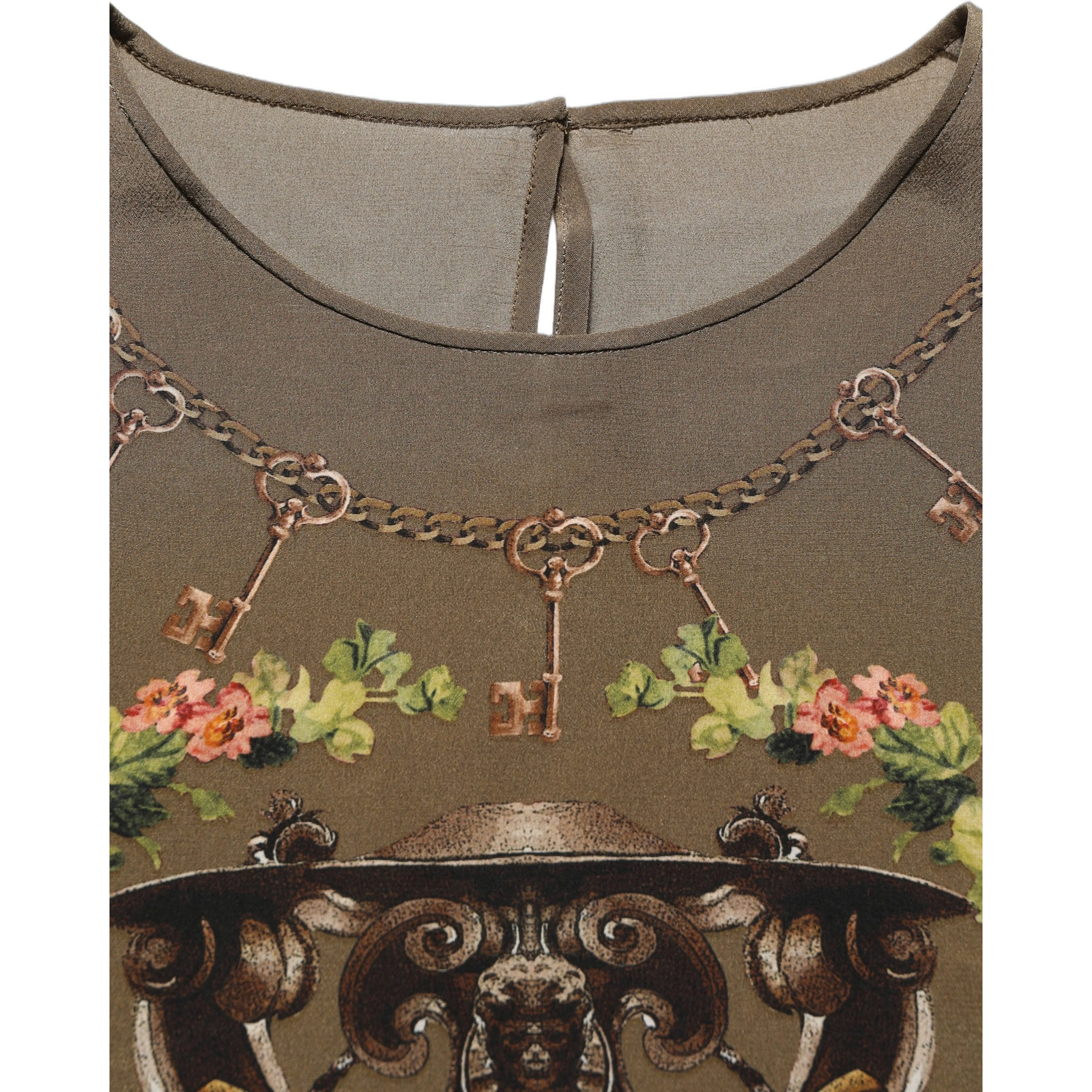 Brown Keys Roses Printed Silk Blouse Top