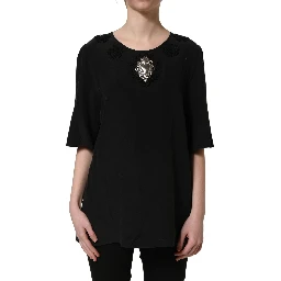 Black Floral Silk Heart Appliqué Blouse Top