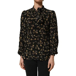 Black Keys Print Silk Tie Neck Blouse Top