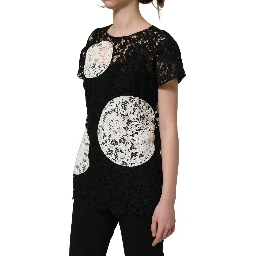 Black White Floral Lace Short Sleeve Blouse Top