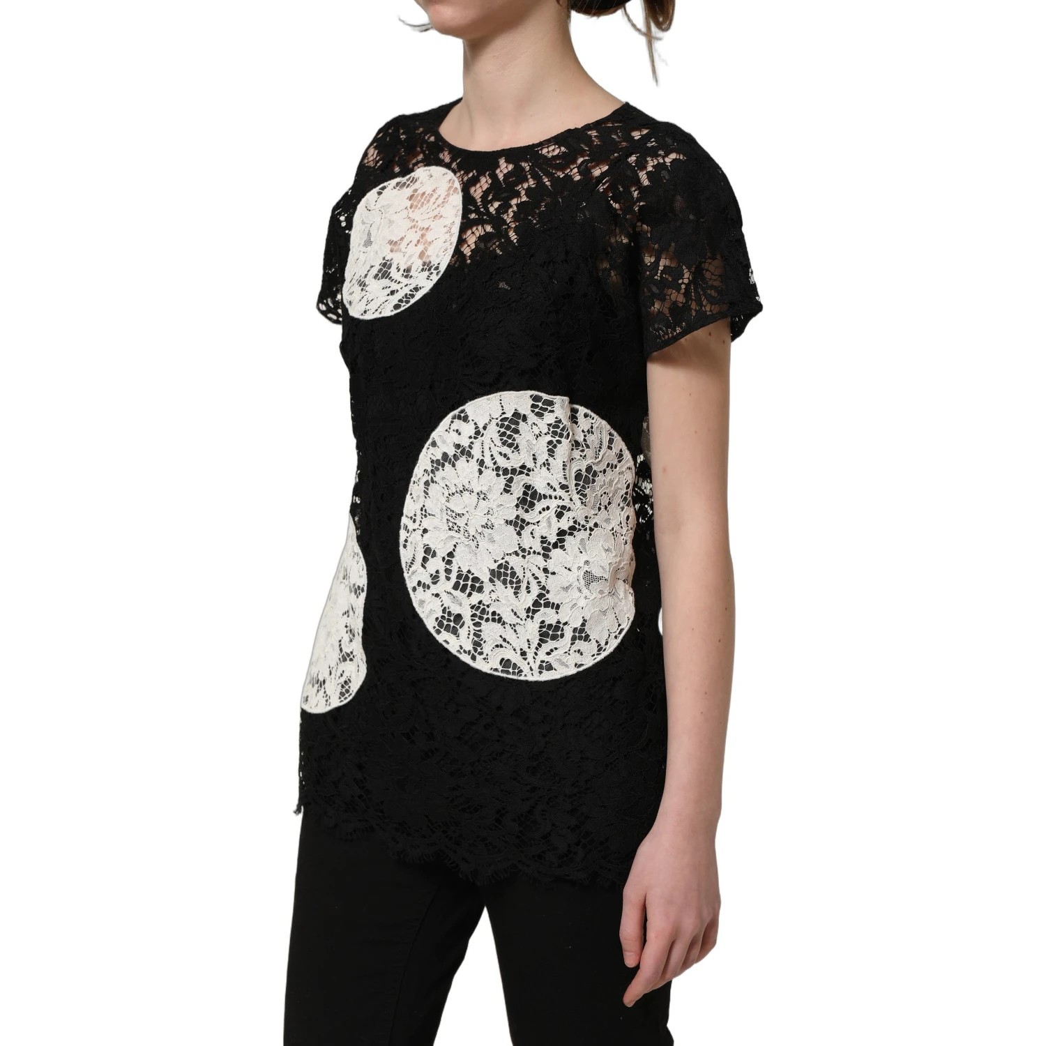 Black White Floral Lace Short Sleeve Blouse Top