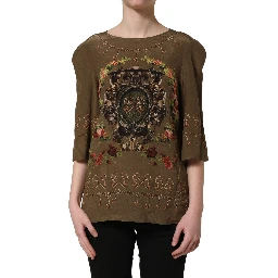Brown Keys Roses Printed Silk Blouse Top