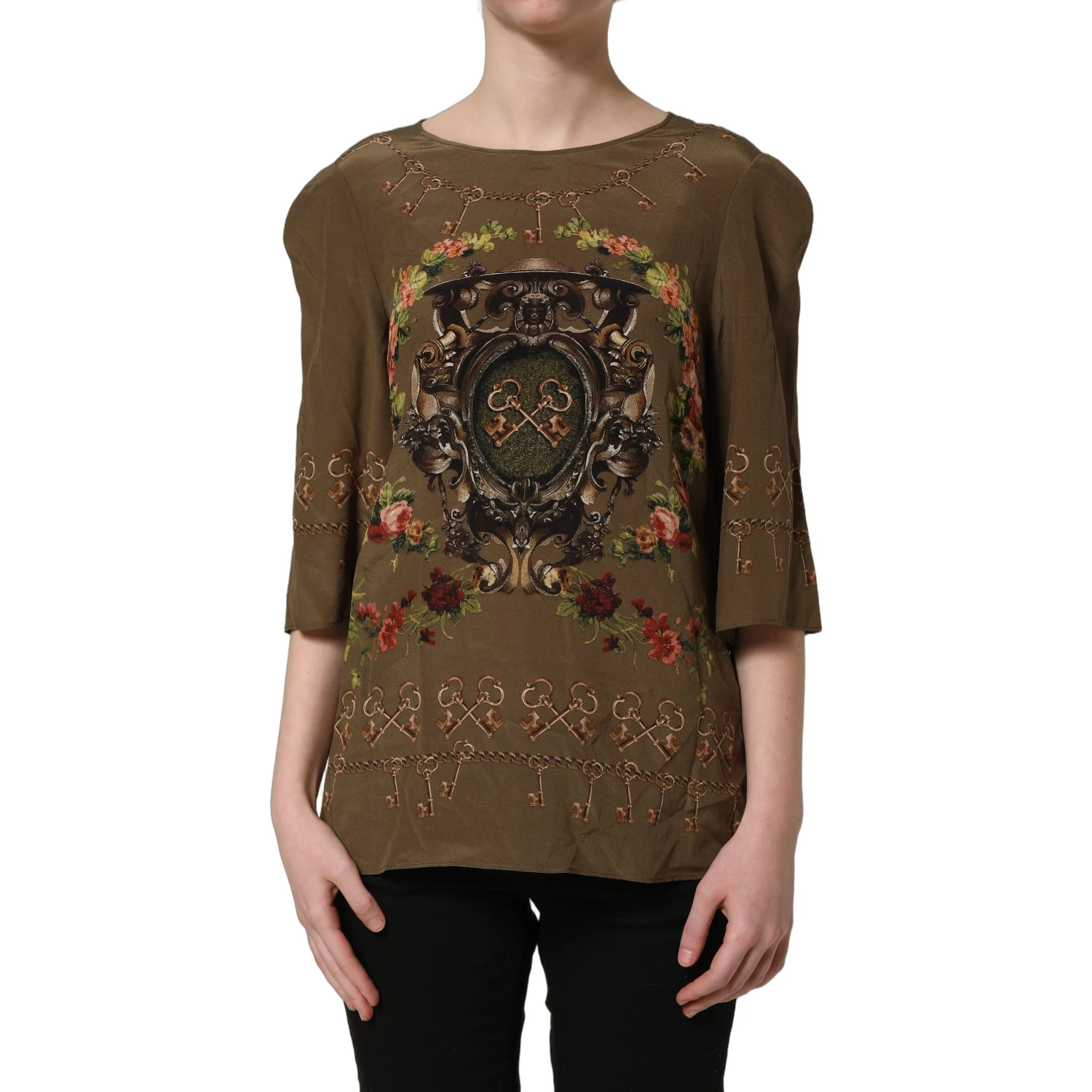 Brown Keys Roses Printed Silk Blouse Top