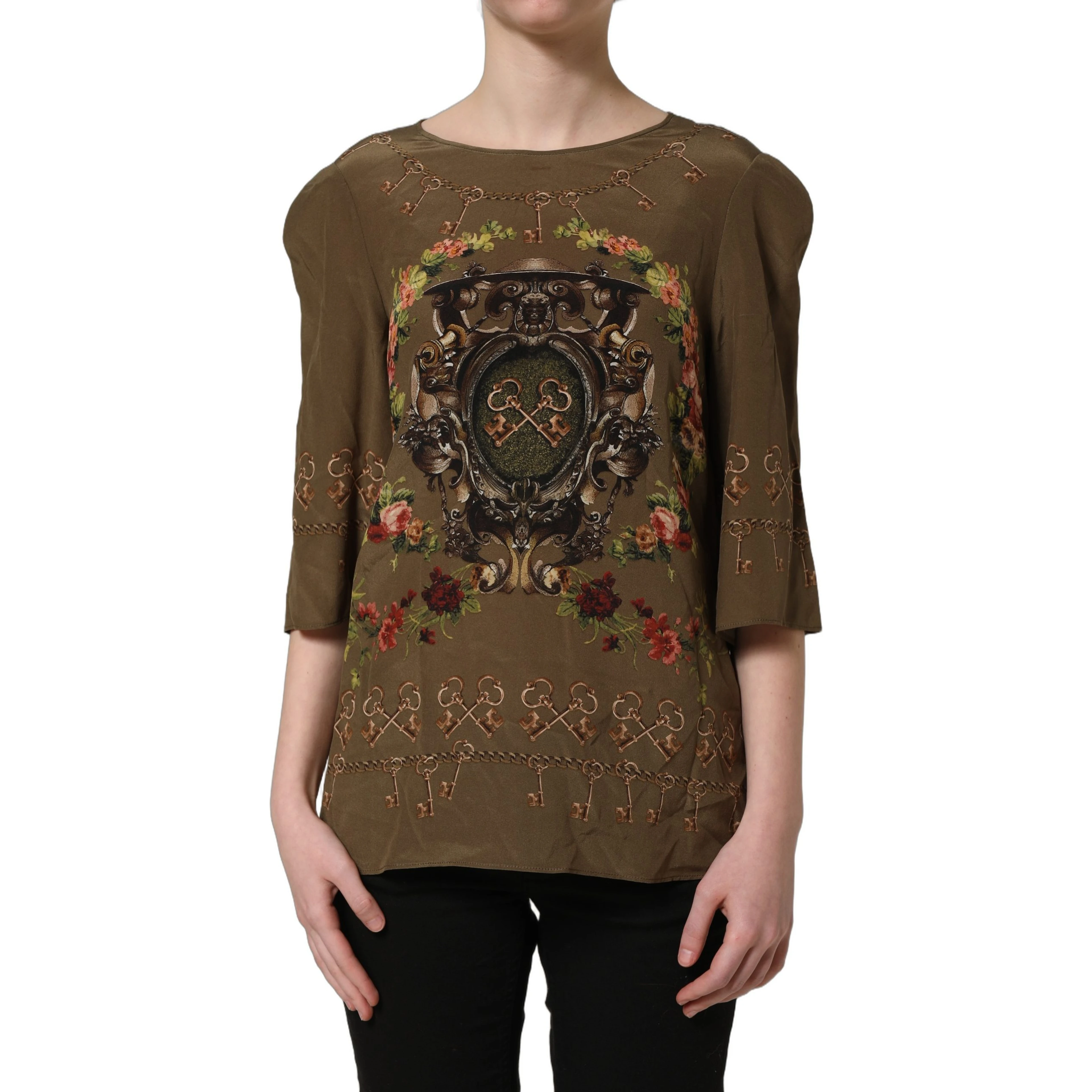 Brown Keys Roses Printed Silk Blouse Top