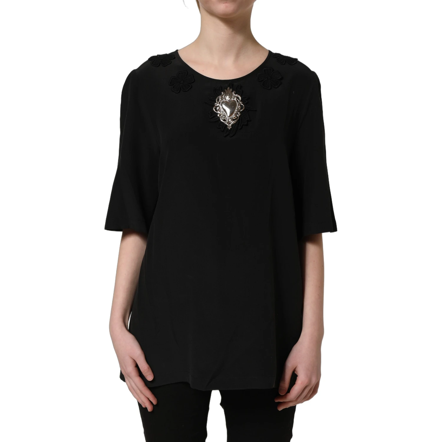 Black Floral Silk Heart Appliqué Blouse Top