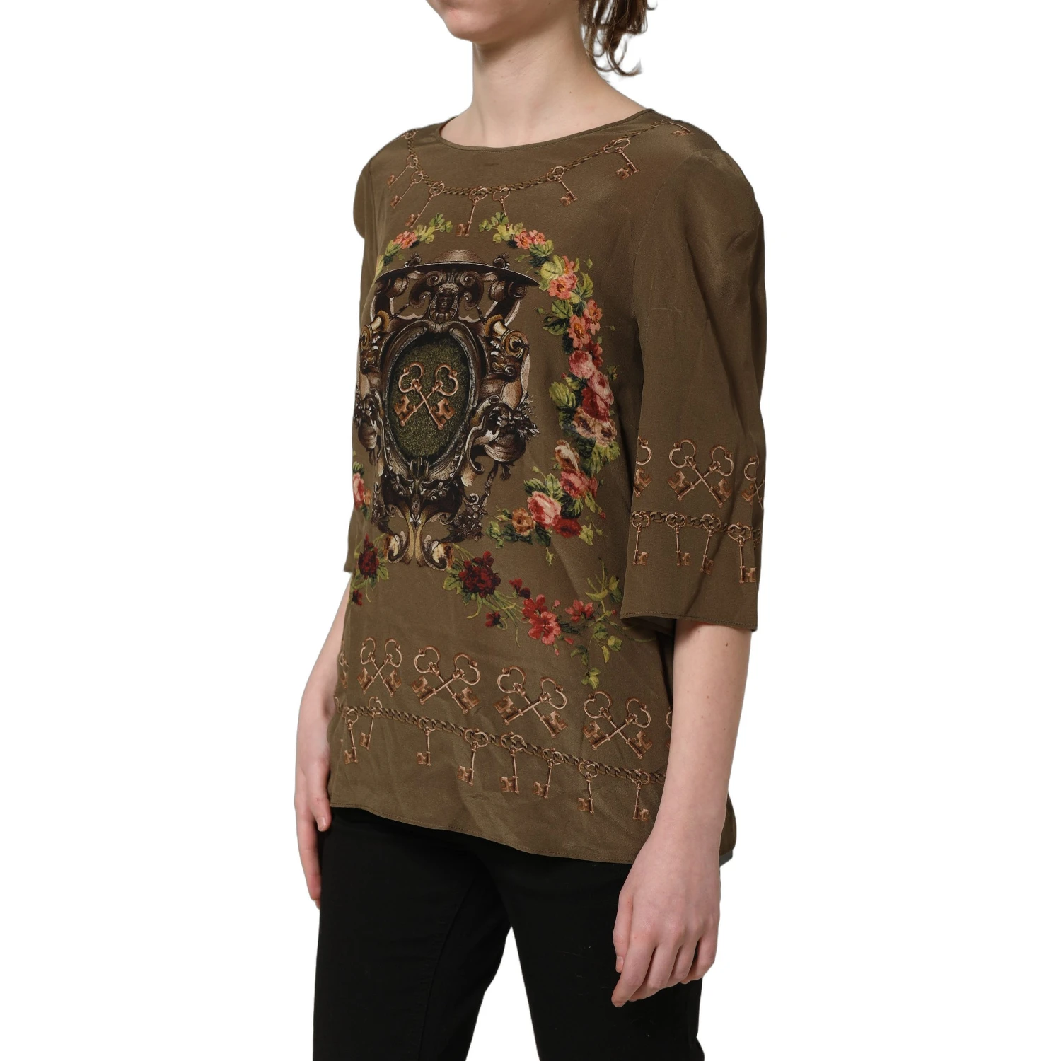 Brown Keys Roses Printed Silk Blouse Top