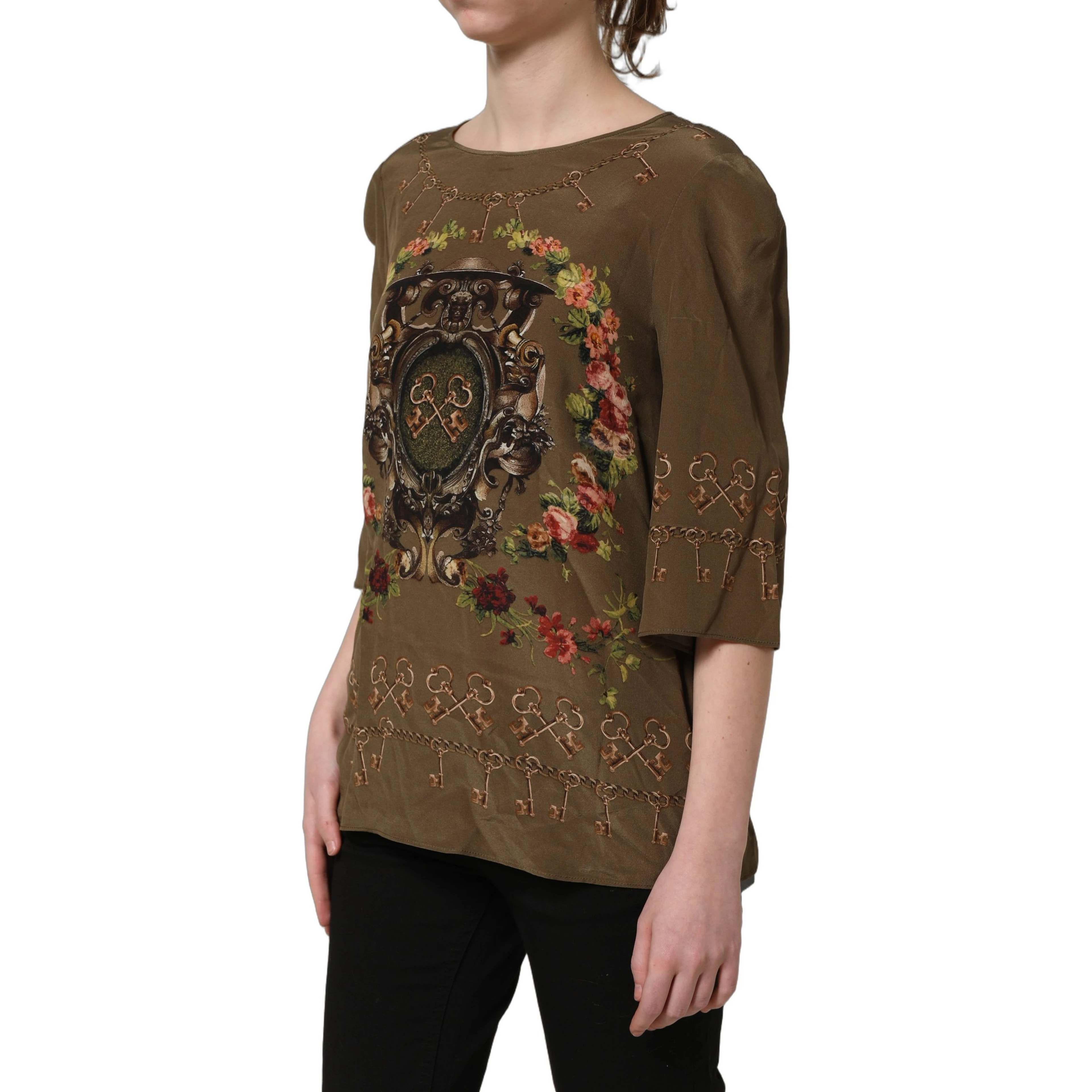 Brown Keys Roses Printed Silk Blouse Top
