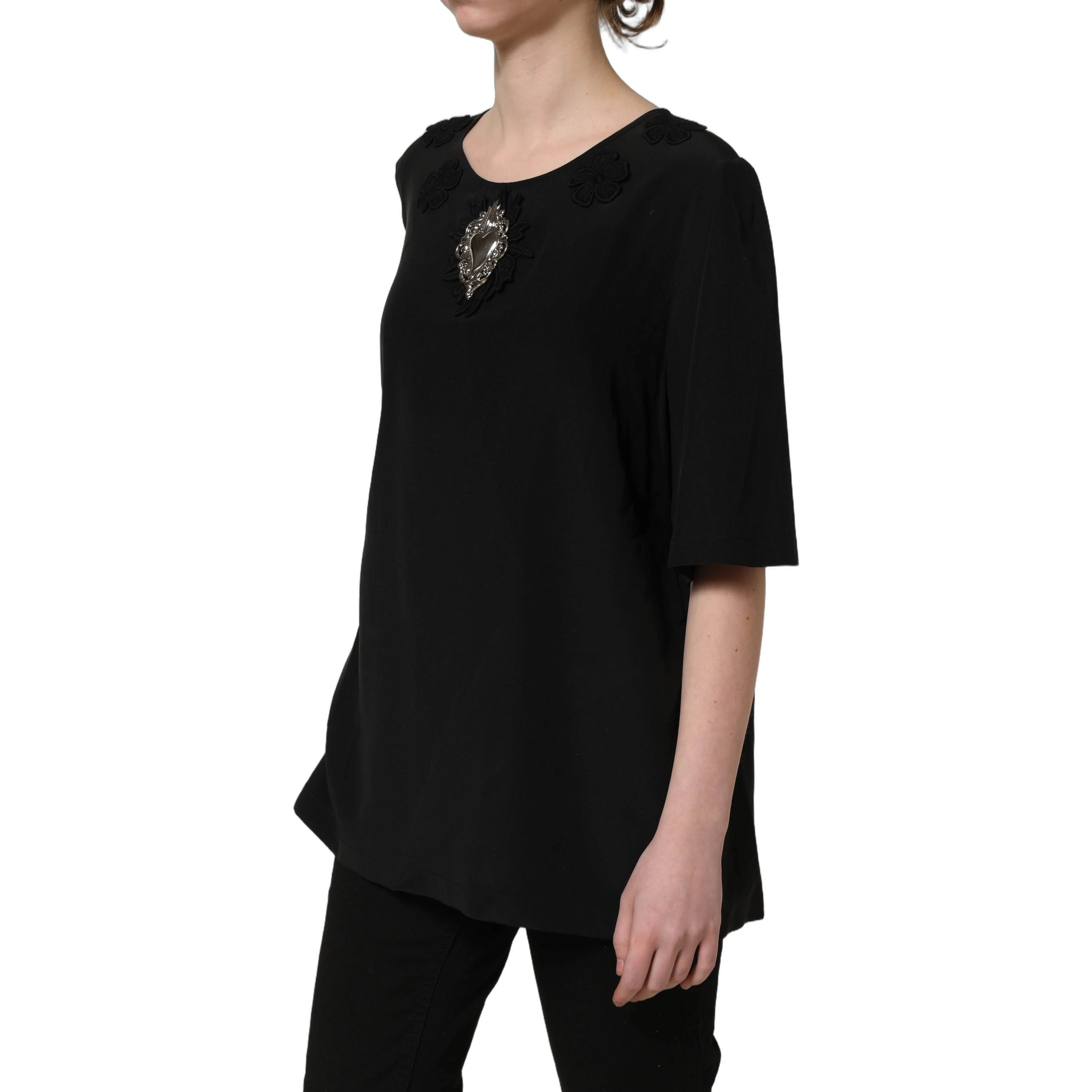 Black Floral Silk Heart Appliqué Blouse Top
