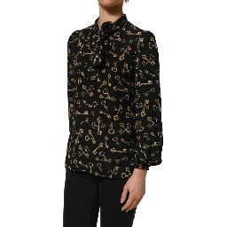 Black Keys Print Silk Tie Neck Blouse Top