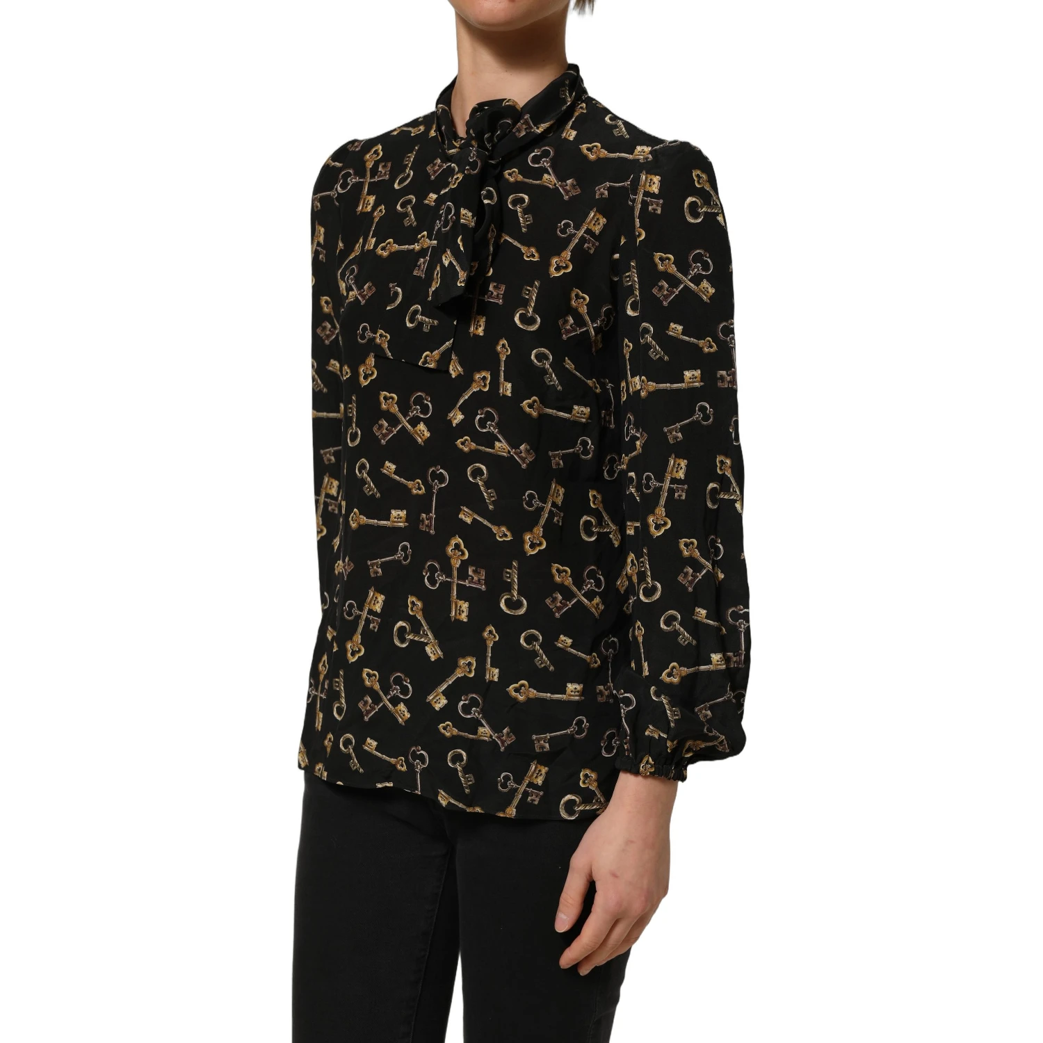 Black Keys Print Silk Tie Neck Blouse Top
