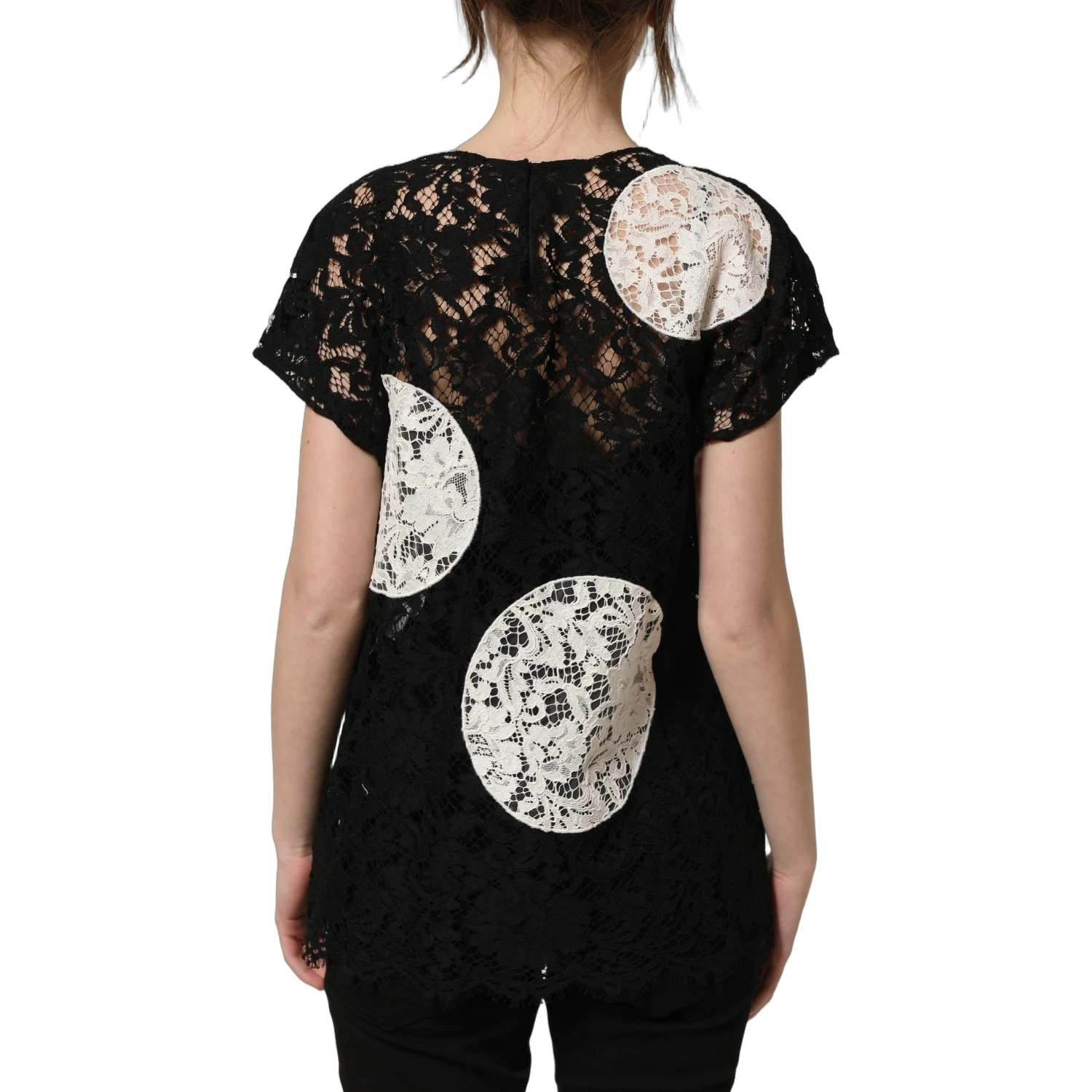 Black White Floral Lace Short Sleeve Blouse Top
