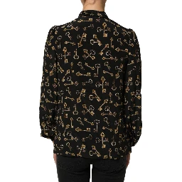 Black Keys Print Silk Tie Neck Blouse Top