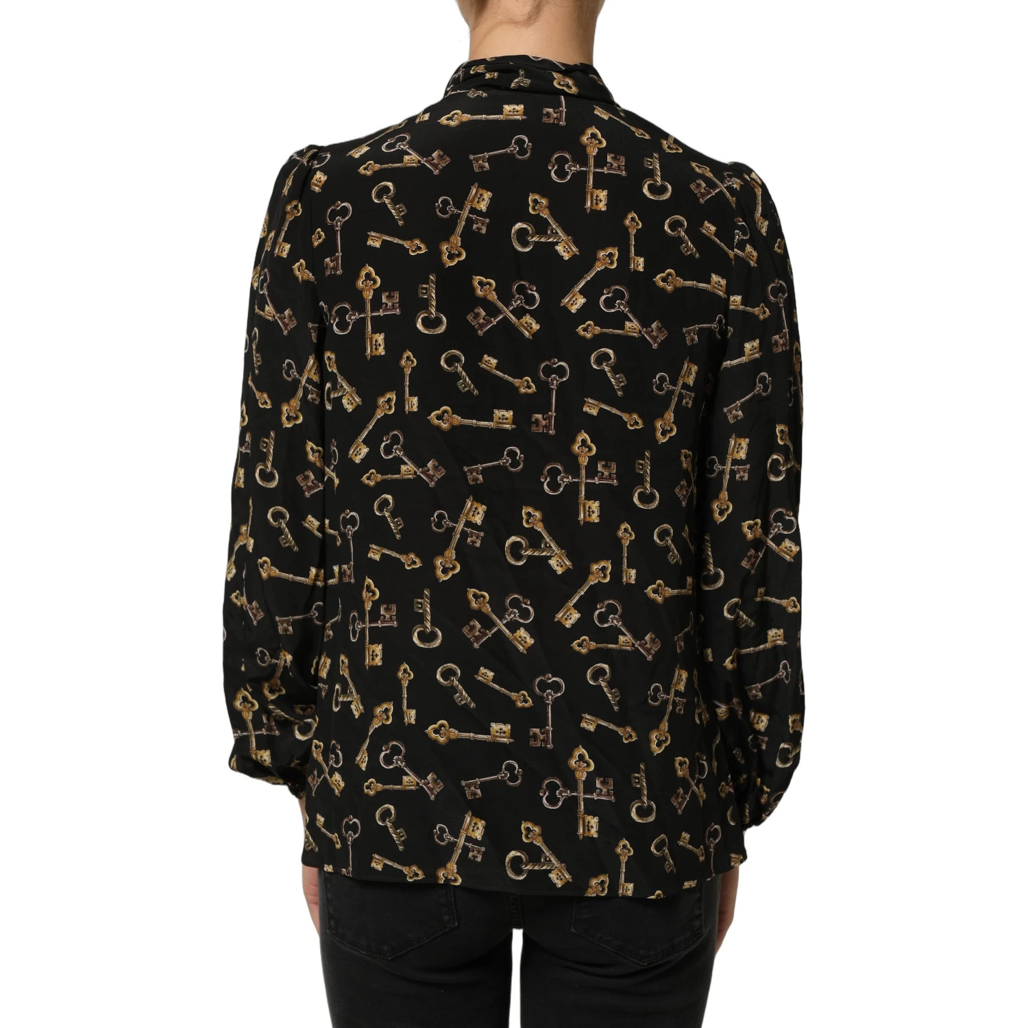 Black Keys Print Silk Tie Neck Blouse Top